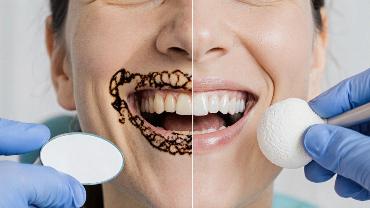Před a po čištění zubů: tmavé skvrny a kámen přecházejí do bělé, hladké plochy.