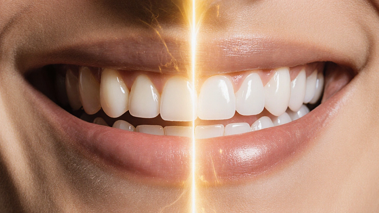 Před a po: zuby s nepravidelnostmi a mezery vs. dokonale vyrovnané fazety.