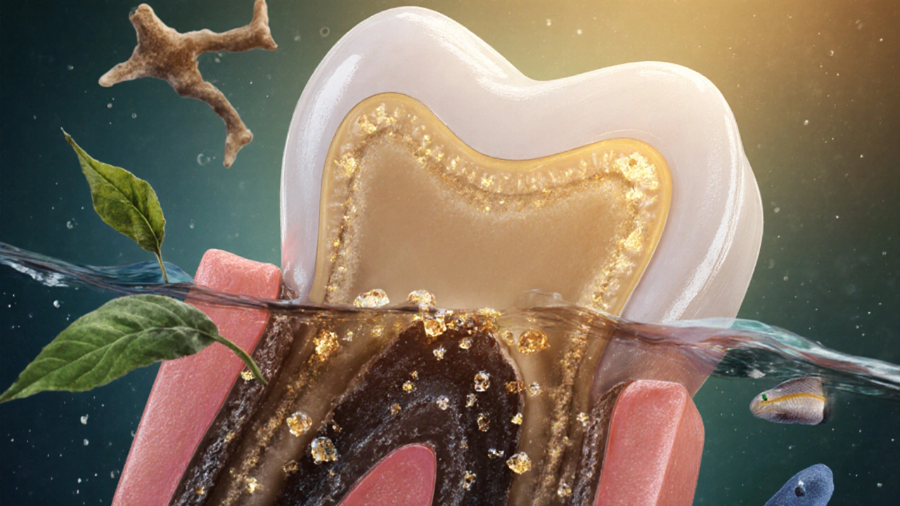 Příčný řez zubem s viditelnými fluorapatitovými krystaly v emailu a potravinami bohatými na fluorid