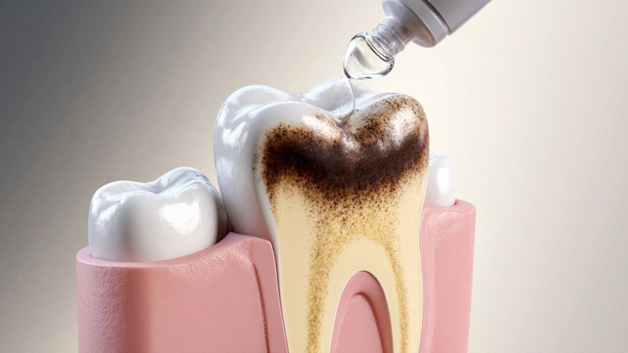 Příčný řez zubem ukazující povrchové skvrny a vnitřní dentin s přechodem k porcelánové vložce.