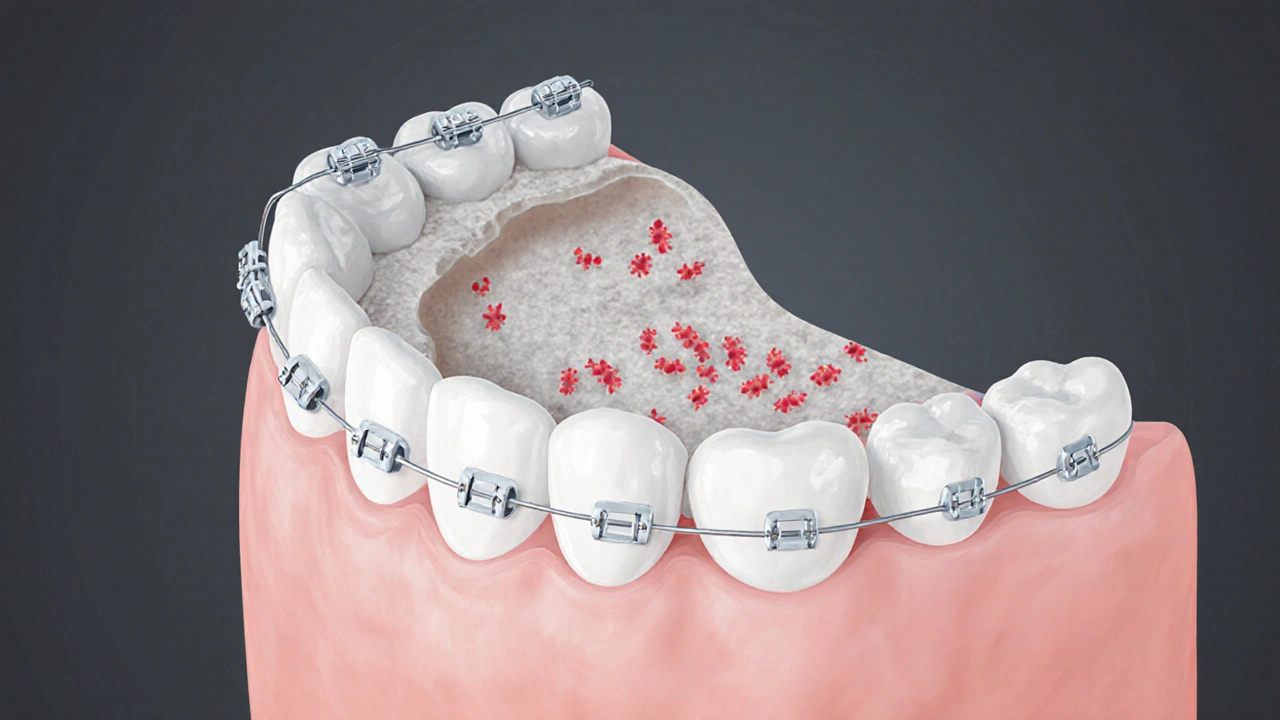 Příčný řez zubu s náznakem koroze skloviny a bakteriálního plaku pod rovnátky.