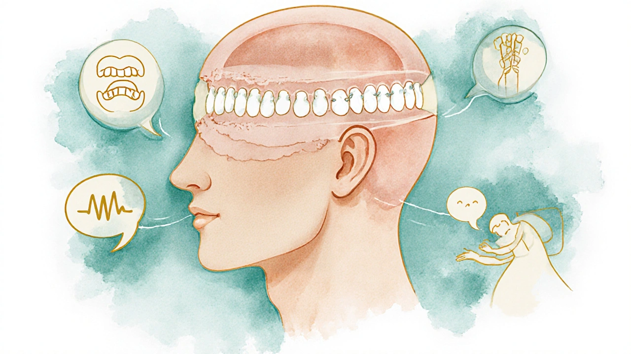 Profily hlavy s přechodem špatně zarovnaných zubů na správně zarovnané, s ikonami zdraví.