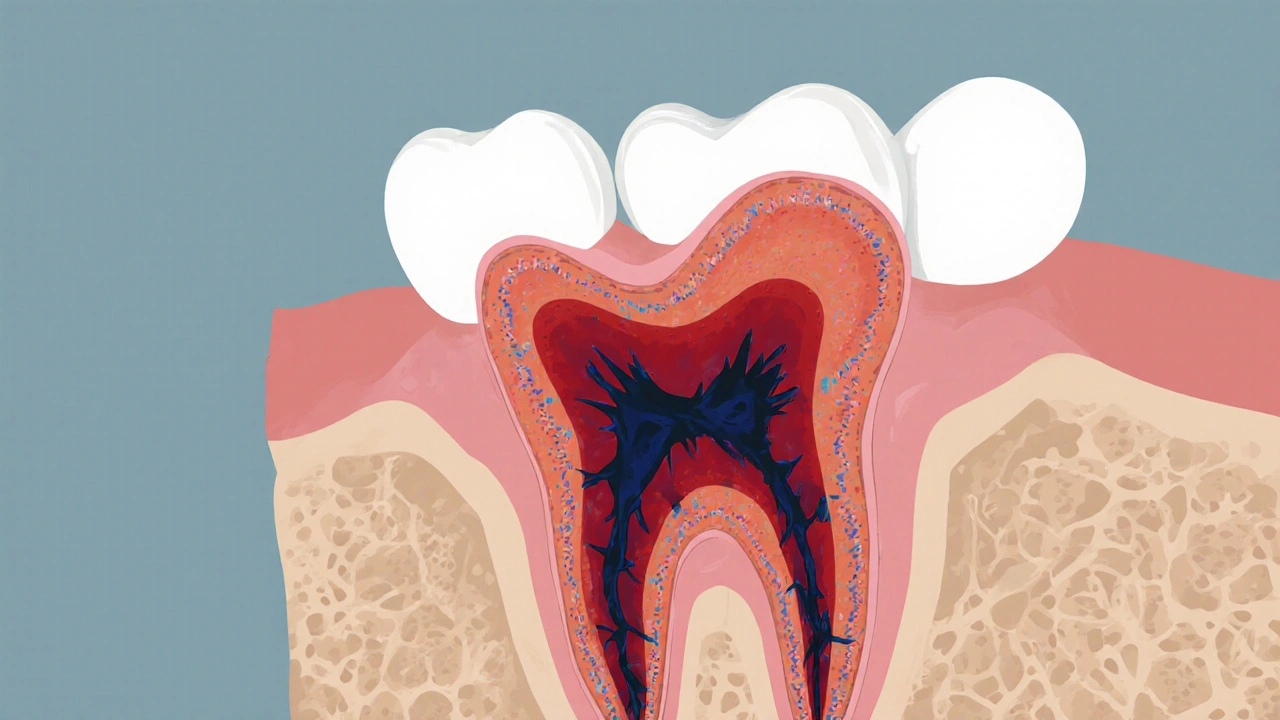 Průřez čelisti s celistvou krevní sraženinou chránící ránu po vytržení zubu.