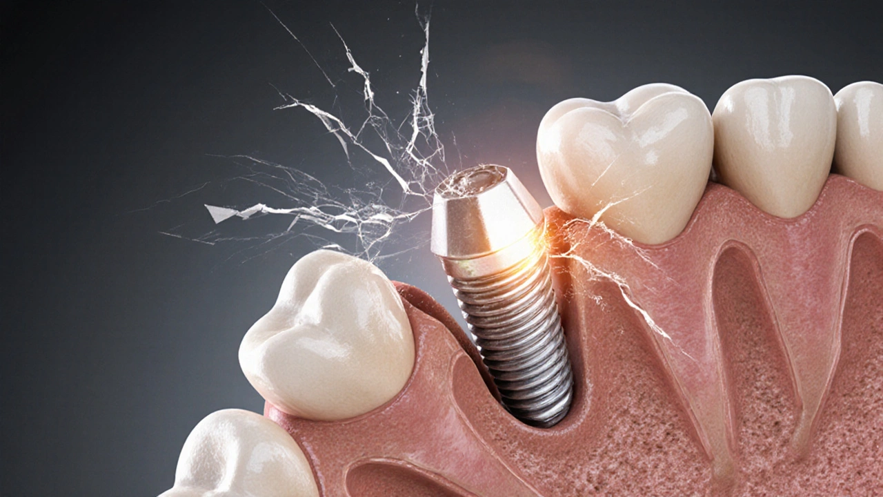 Průřez čelisti s porovnáním odolného a běžného zubního implantátu