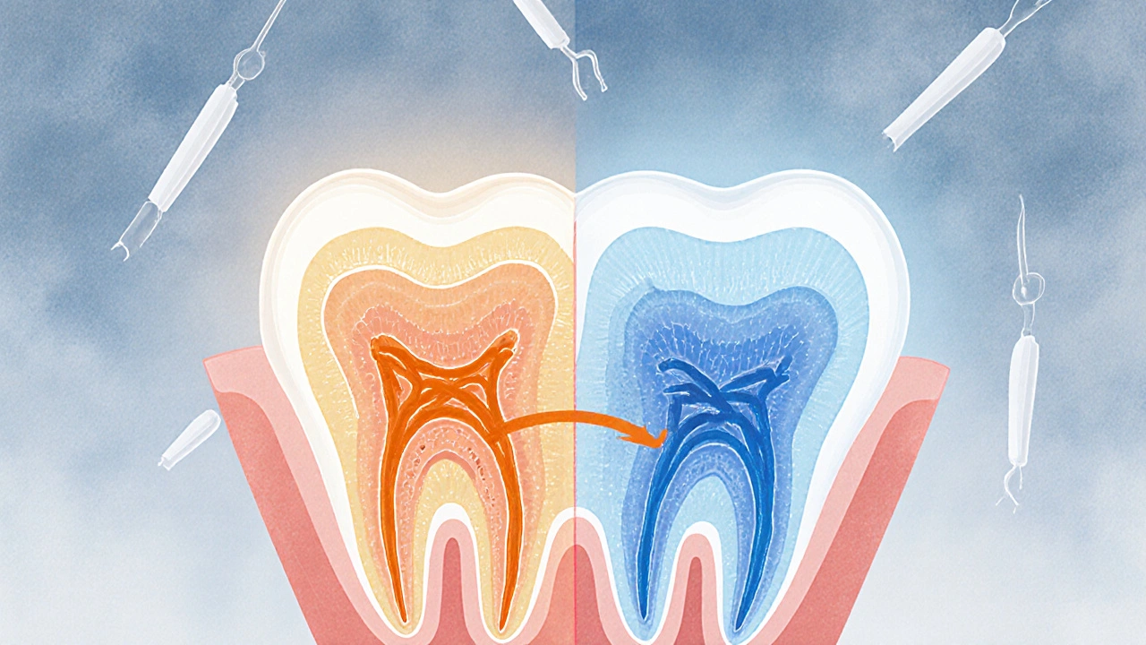 Průřez zubu ukazující hladký povrch po broušení, který blokuje bolestivé podněty.