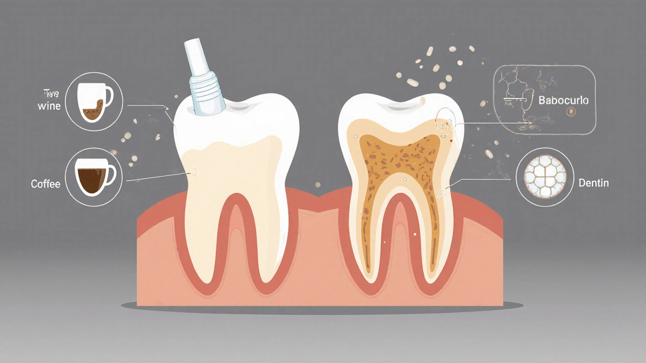 Průřez zubu ukazující rozdíl mezi zdravou sklovinkou a poškozenou sklovinkou po příliš častém bělení.