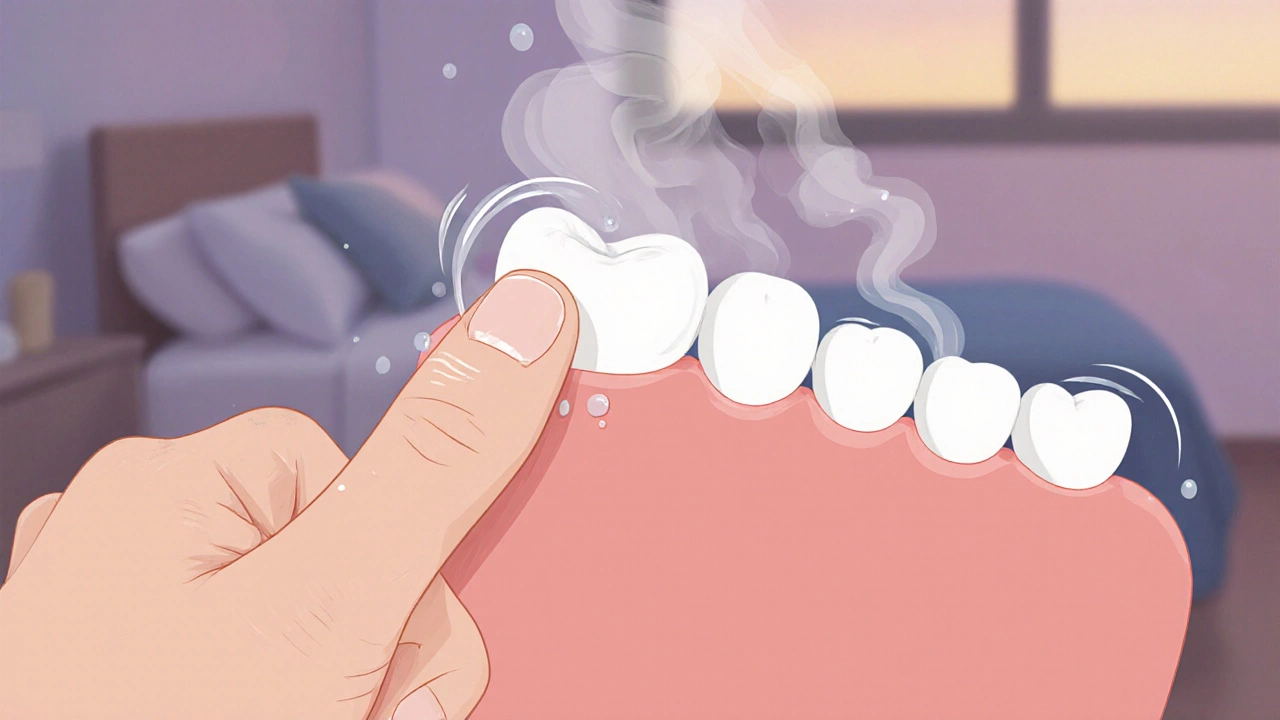 Ruce jemně odstraňují zubní protézu z dásní pomocí správného chvatu, voda pomáhá uvolnit lepidlo.