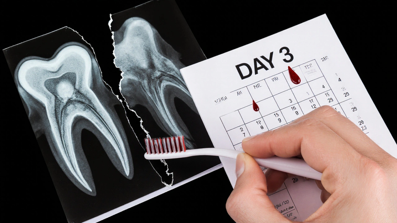 Ruka drží mezizubní kartáček vedle rentgenového snímku zubu s poškozenou kostí.