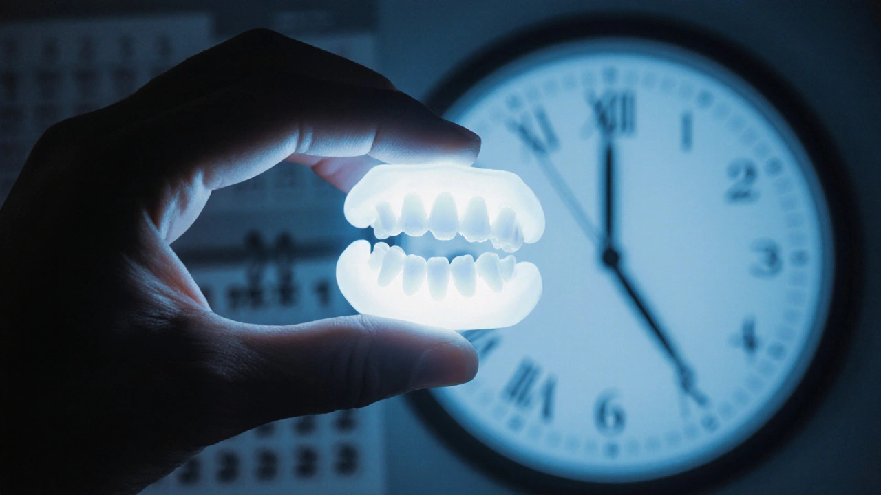 Rukou držený retentor v jemném světle, symbolizující dlouhodobou péči o zuby.