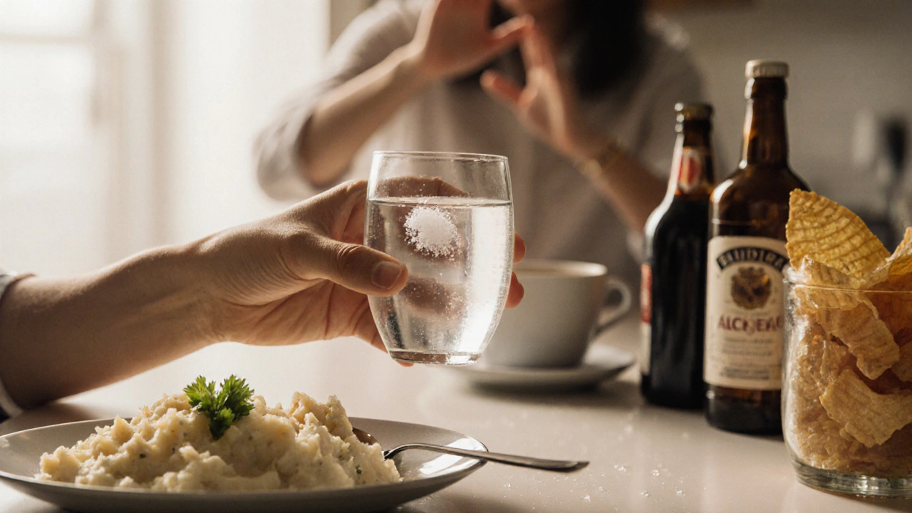 Sklenice vody s solí vedle měkké stravy po vytržení zubu.
