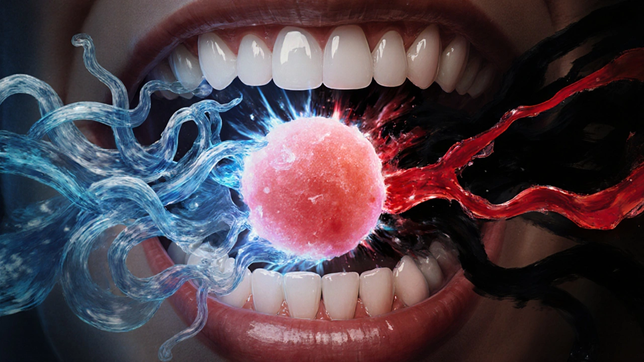 Symbolická scéna: jemná solná voda chrání krevní sraženinu proti agresivním látkám.