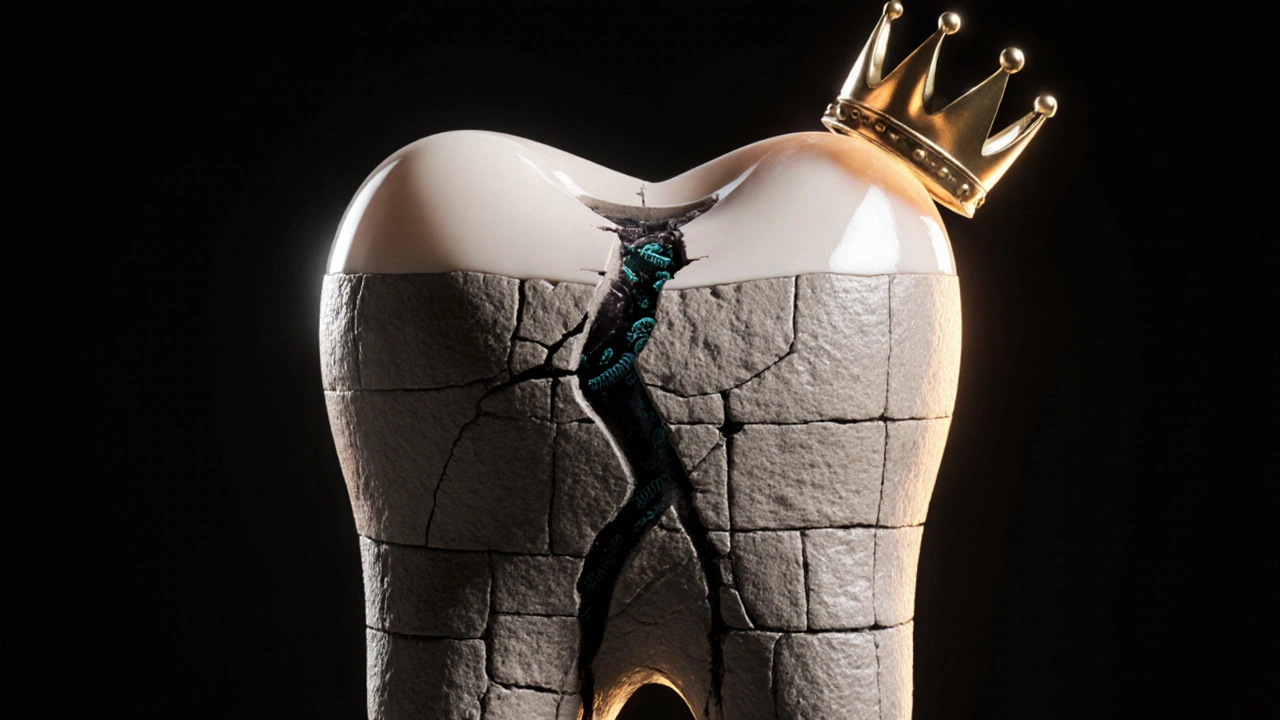 Symbolický obraz zubu jako pevnosti, kterou ohrožuje prasklina