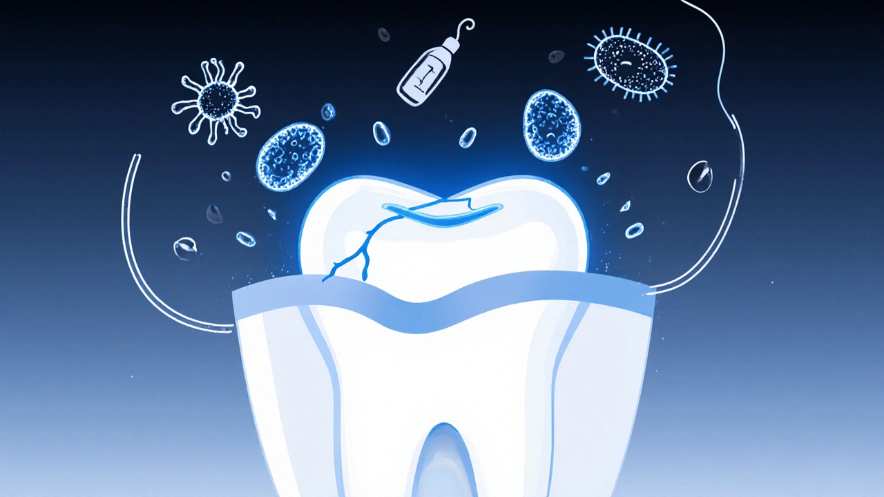 Symbolický obraz zubu, který se obnovuje pod vlivem fluoridu a xylitolu.