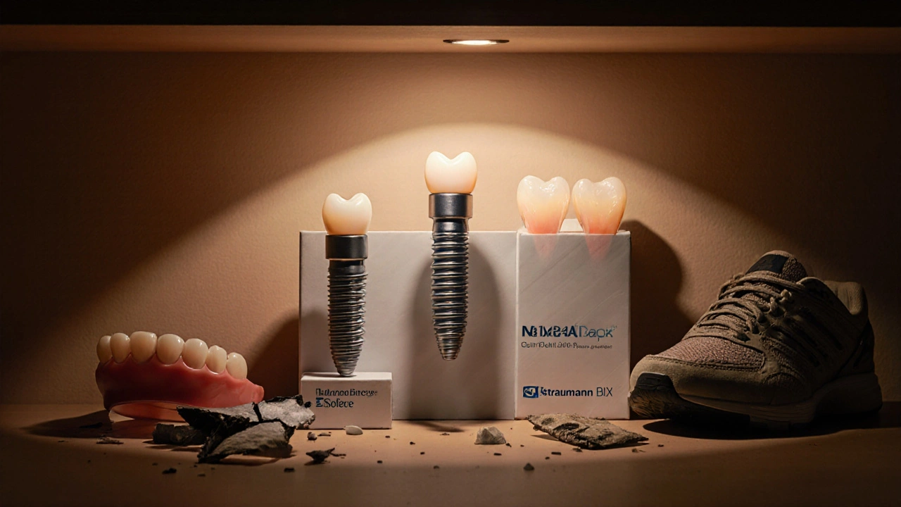 Tři zubní implantáty na polici – kvalitní vs. poškozený systém