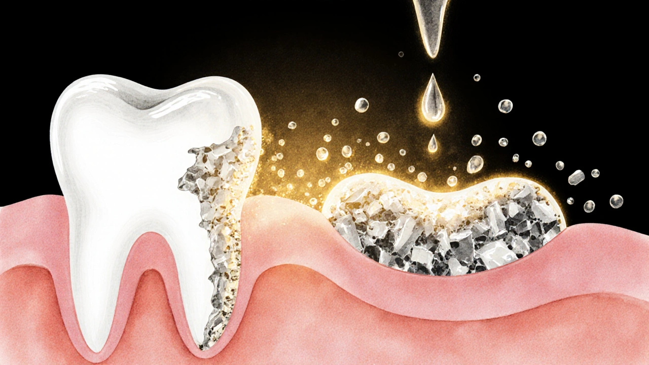 Umělecká ilustrace zubu, který se obnovuje díky minerálům ze slin.