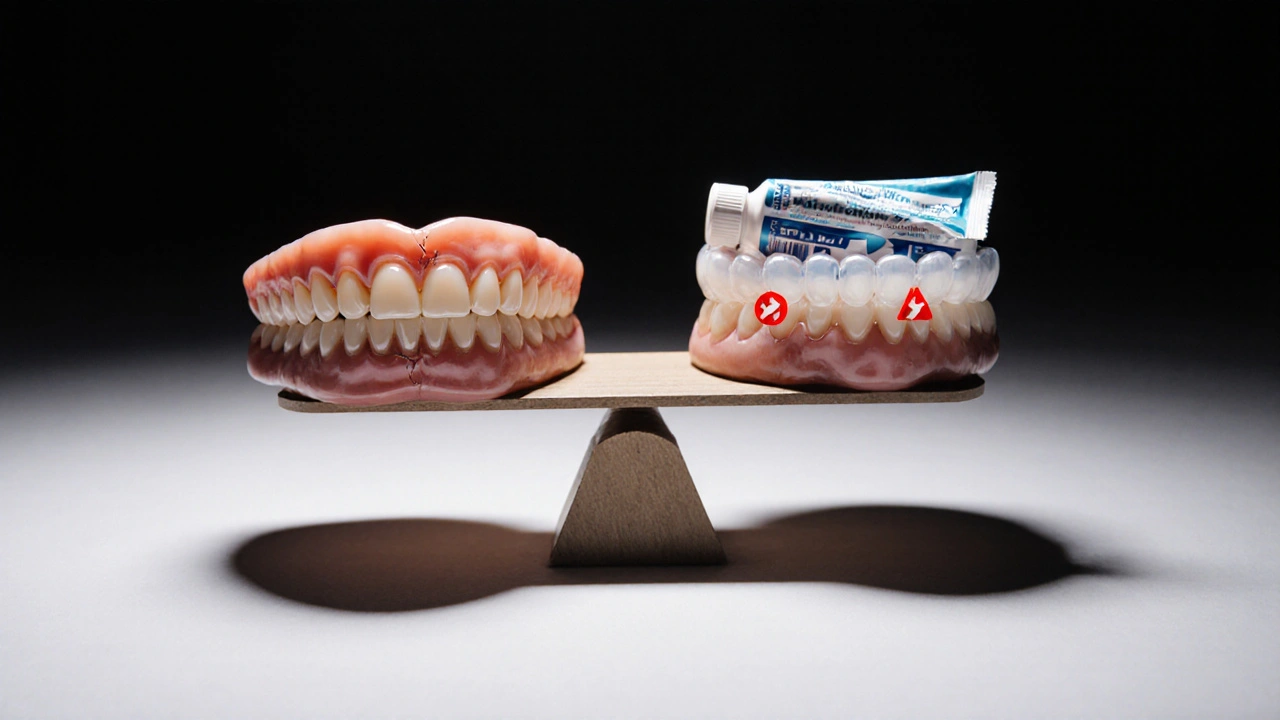 Váha s jednou stranou zdravého úsměvu a druhou stranou poškozených zubů s příznaky citlivosti.