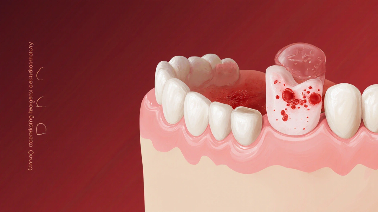 Vývoj hojení dásně: červená sraženina, bílá tkáň, zacelená dásň.