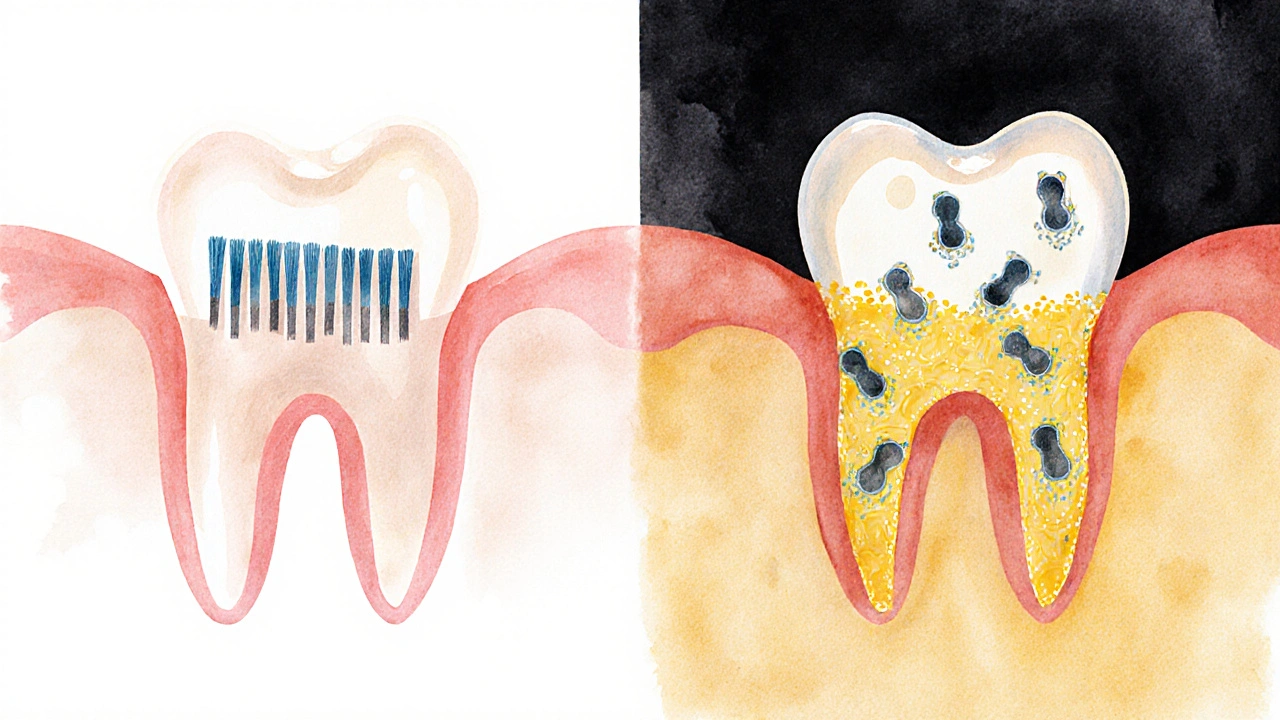 Vývoj zubního plaku během 24 hodin od čištění k viditelnému nánosu.