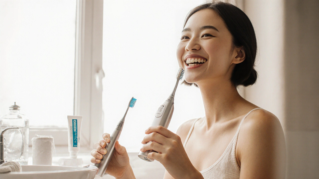 Zdravá ústa po použití ultrazvukového čističe s kartáčkem a vodní nádržkou na pozadí.