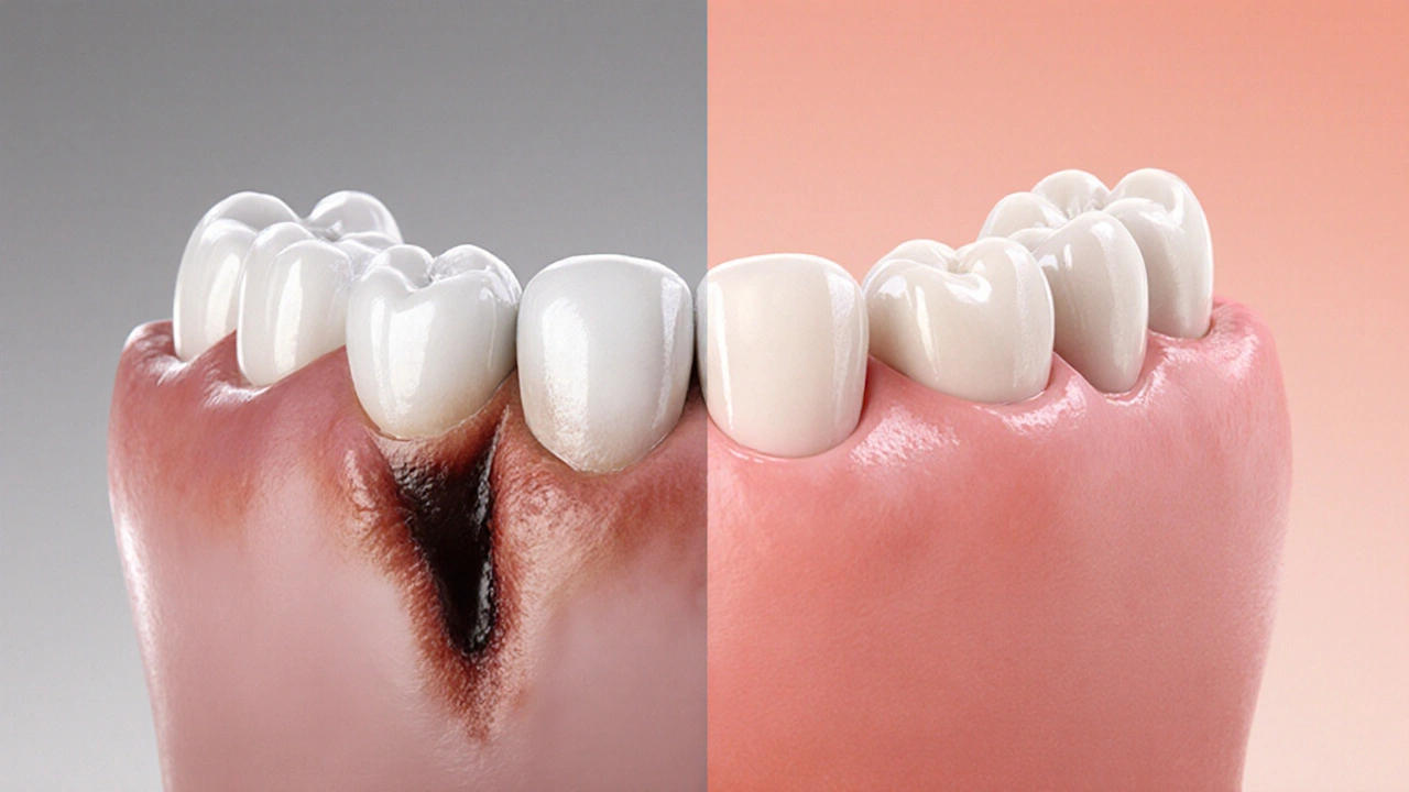 Zdravé dásně se znovu přilepily ke zubu po léčbě, srovnání s předchozím zánětem.