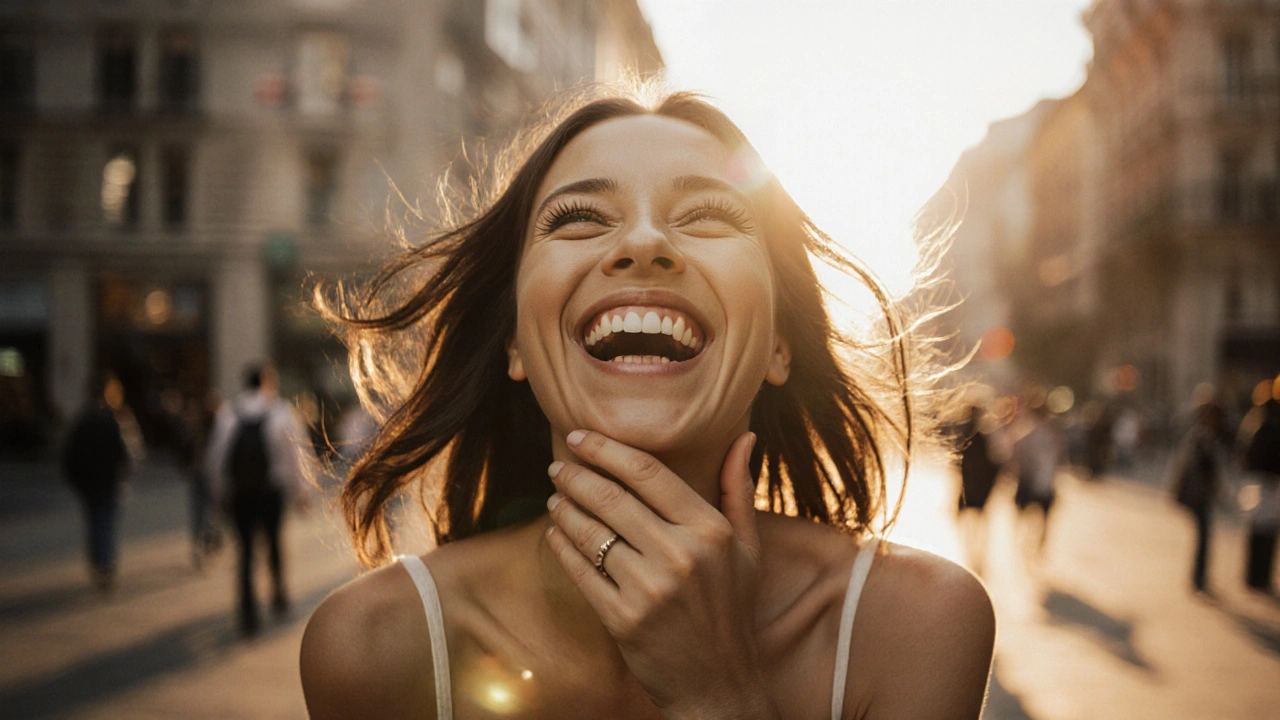 Žena se směje na slunci, bez obav, s vynikajícím úsměvem.