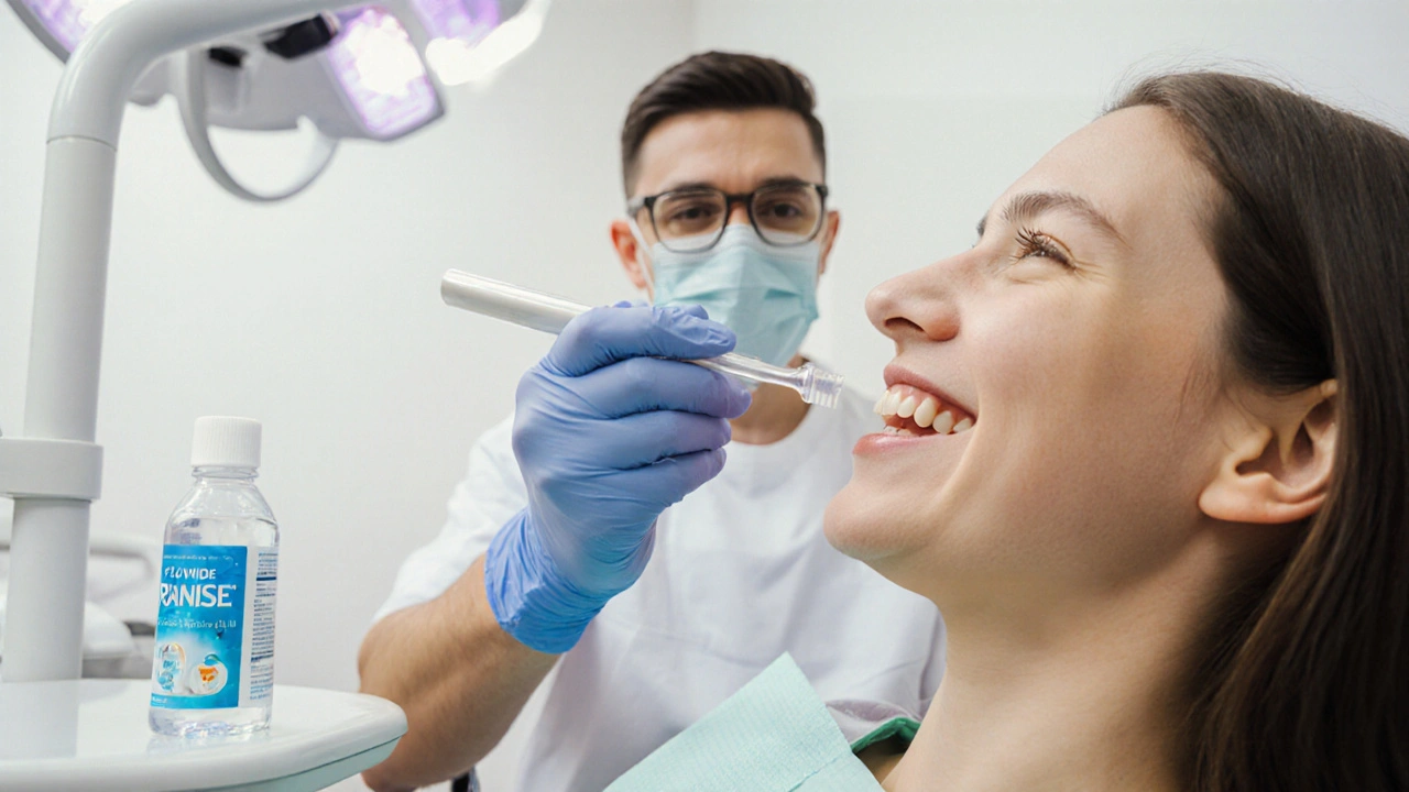 Zubní lékař aplikuje těsnění na zub bez vrtání v moderní ordinaci.