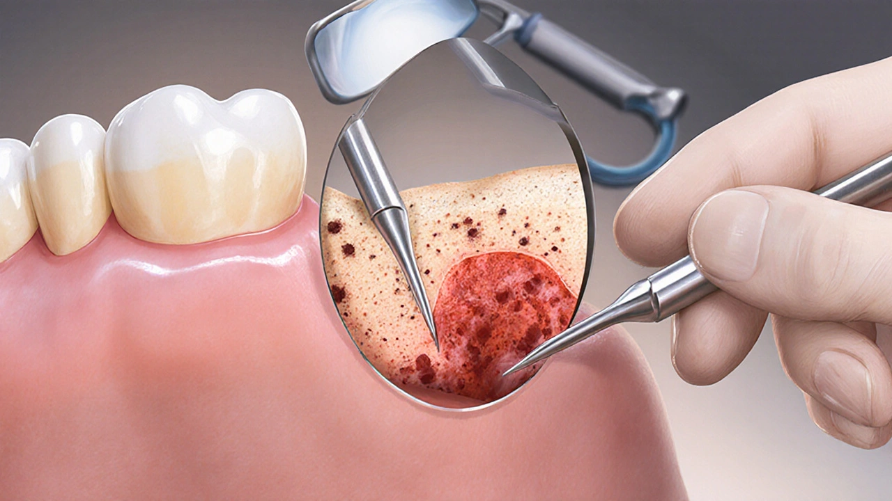 Zubní lékař čistí pod dásní pomocí tenkých nástrojů, odstraňuje zubní kámen a infikovanou tkáň.