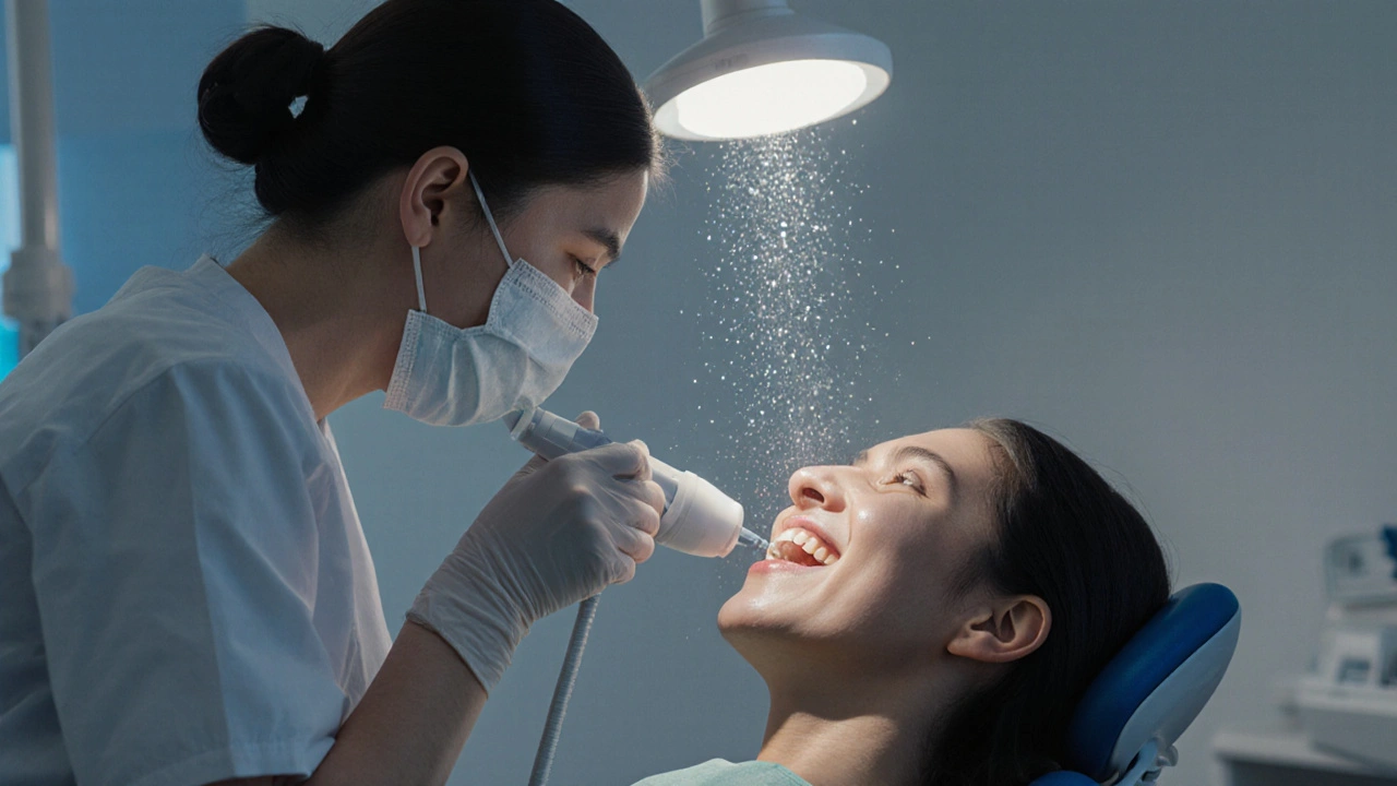 Zubní lékař odstraňuje povrchové zabarvení pomocí Air Flow technologie.