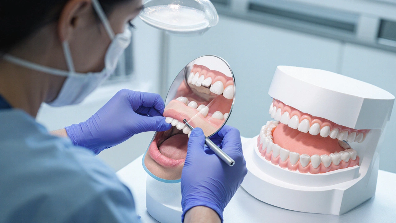 Zubní lékař připevňuje tenkou keramickou fazetu na zub.