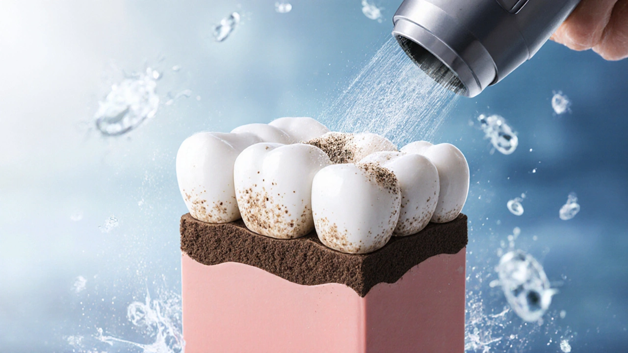 Zvětšený pohled na odstranění plaku a barev z povrchu zubu pomocí pískování.