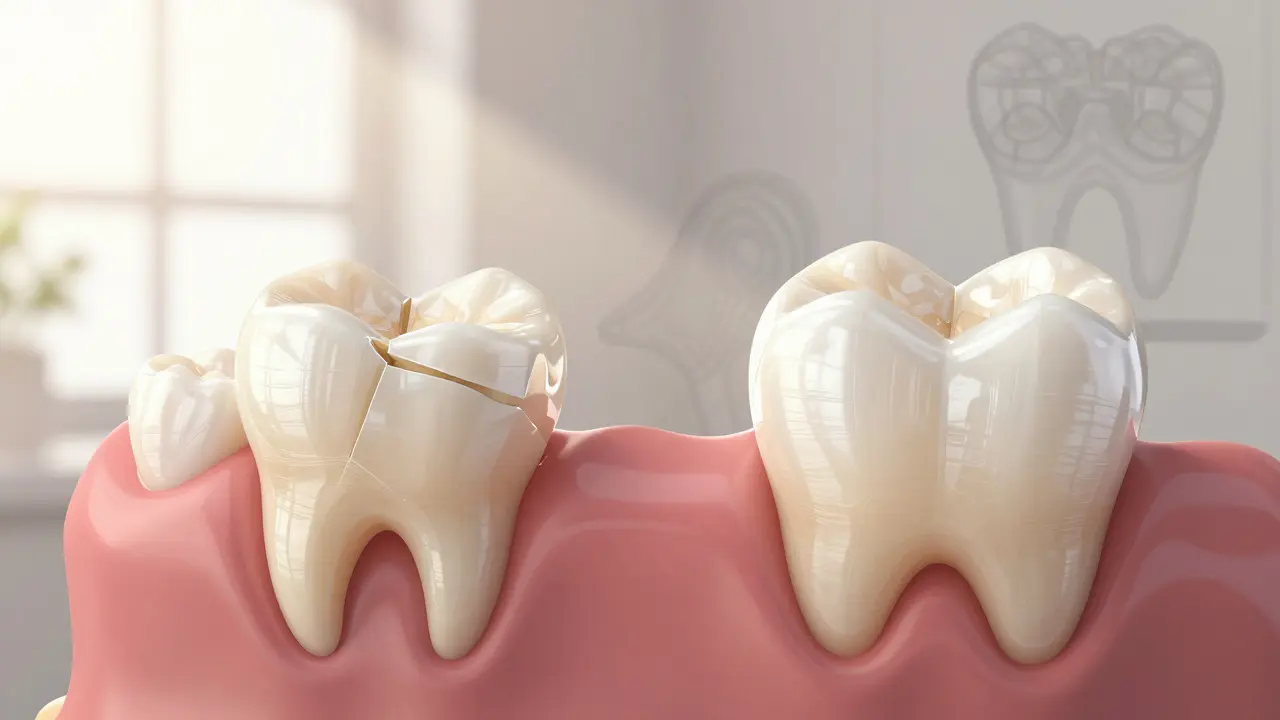 Celokeramická korunka harmonicky sloučená s přirozenými zuby v úsměvu, s porovnáním poškozeného zubu.