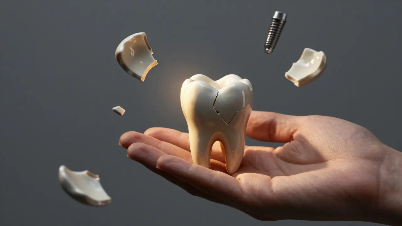 Celokeramická korunka na dlaní, kolem ní kousky zubní skloviny a rozštěpený kořen, symbolizující zachráněný zub.