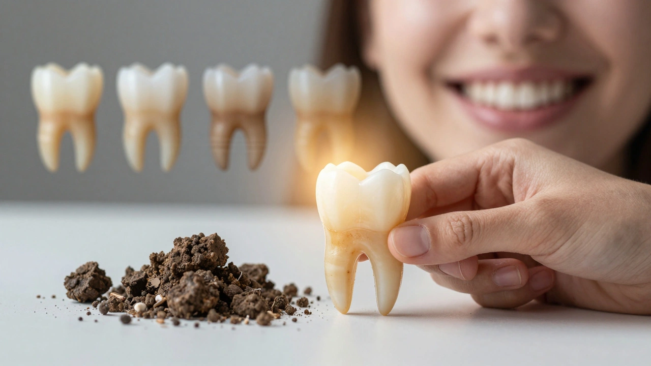 Čistý zub vedle odstraněného zubního kamene a skvrn, symbolizující prevenci zubních onemocnění.