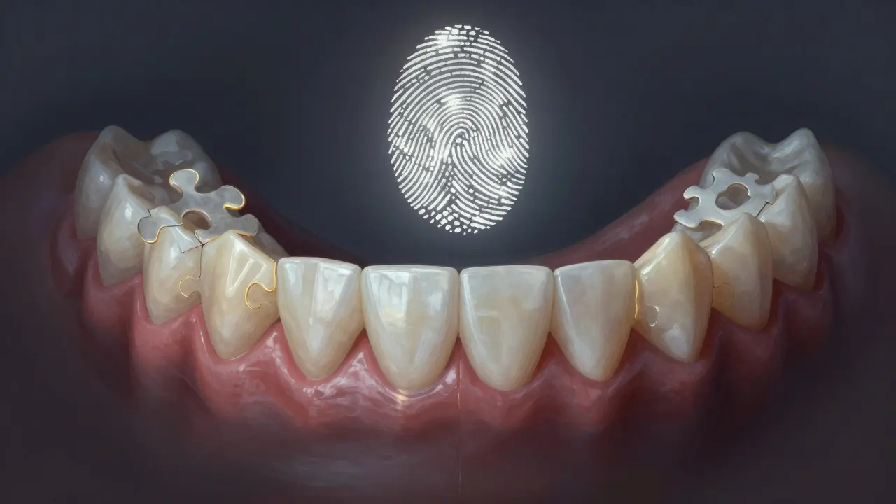 Conceptual image of a smile with composite restorations aligned to a fingerprint-like mold.