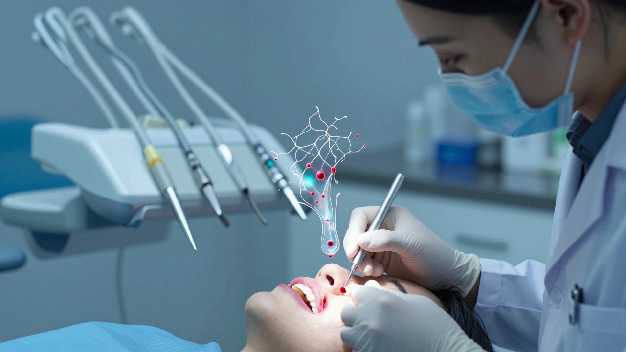 Dentista aplikuje biologickou látku na dásně během léčby hojení.