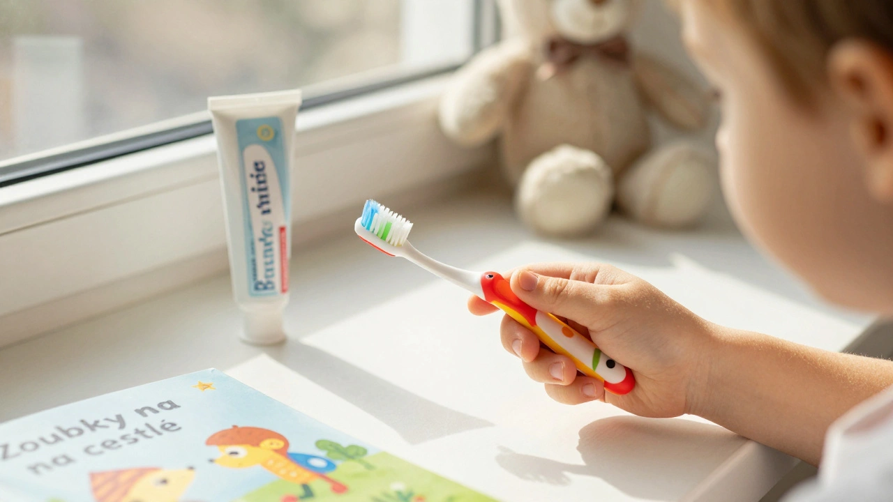 Dítě drží barevný štětec s oblíbeným hrdinou vedle zubní pasty a měkké hračky.