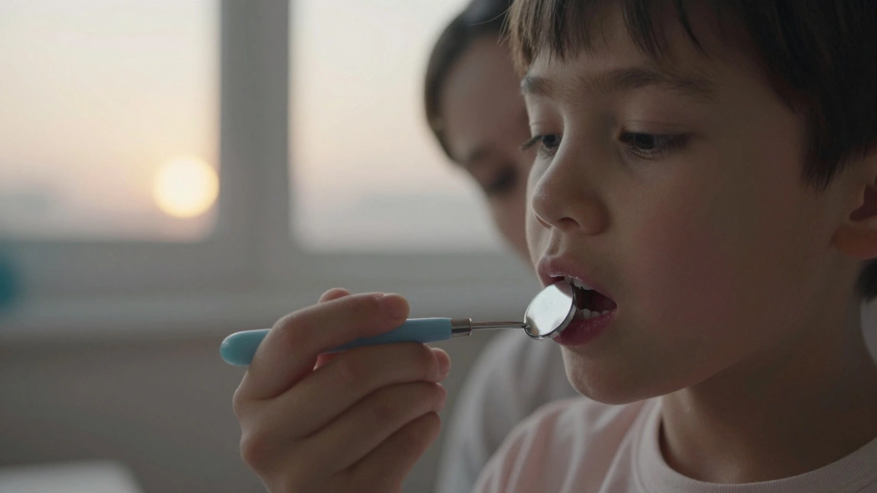 Dítě pod dohledem dospělého prohledává zuby pomocí dentálního zrcátka.