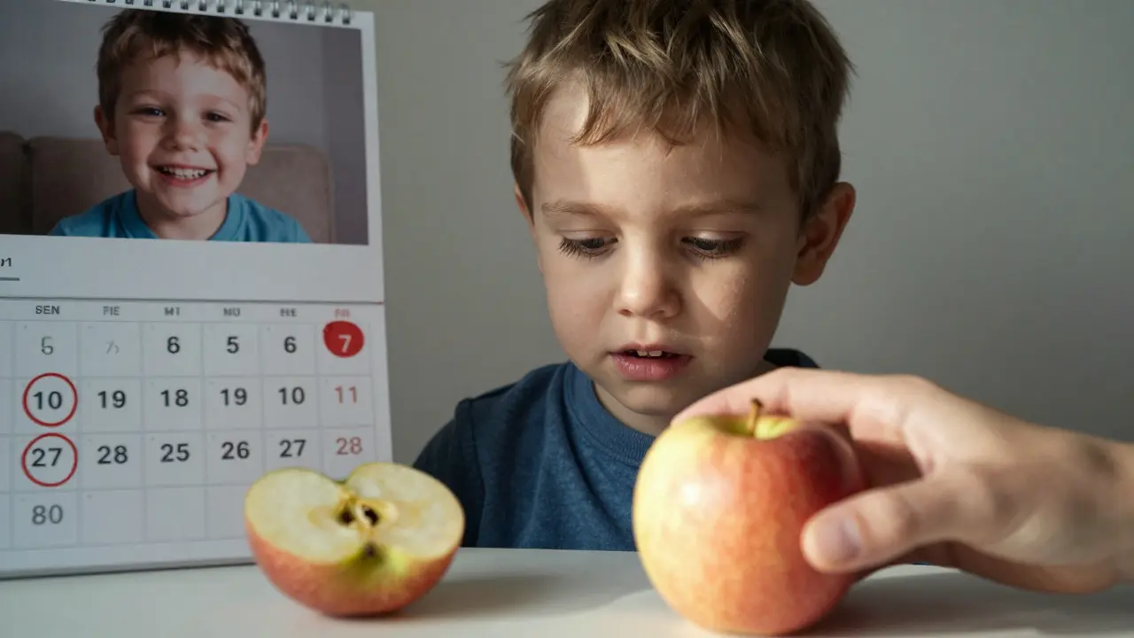 Dítě s chybějícím předním zoubkem se dívá na jablko, zatímco rodič ukazuje na kalendář s návštěvami zubního lékaře.