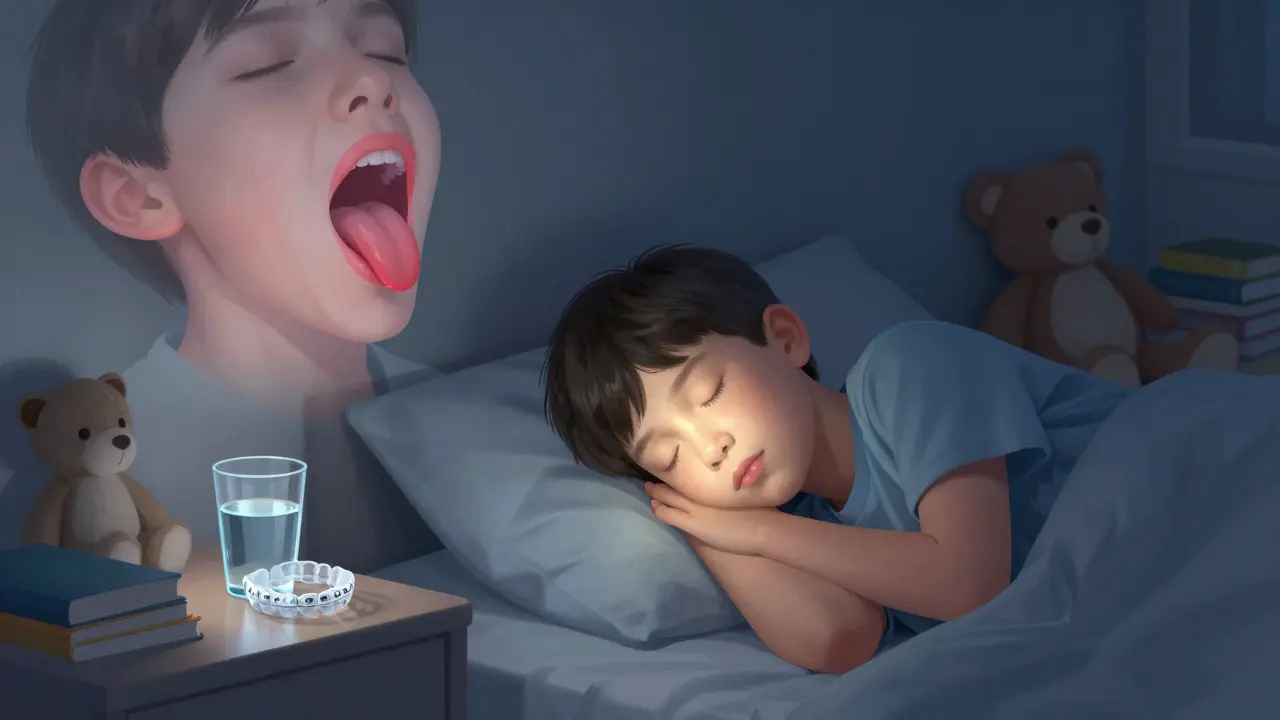 Dítě spí s uzavřenými ústy, symbolizující zlepšené dýchání po ortodontické léčbě.