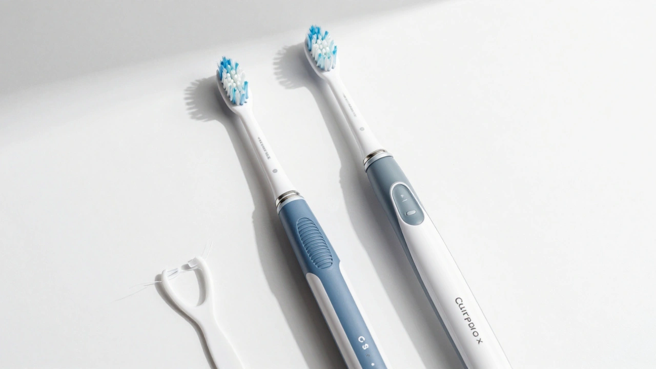 Dva typy kartáčků Curaprox vedle sebe – sonický a rotační – s jemnými štětinami a doplňky pro ústní hygienu.