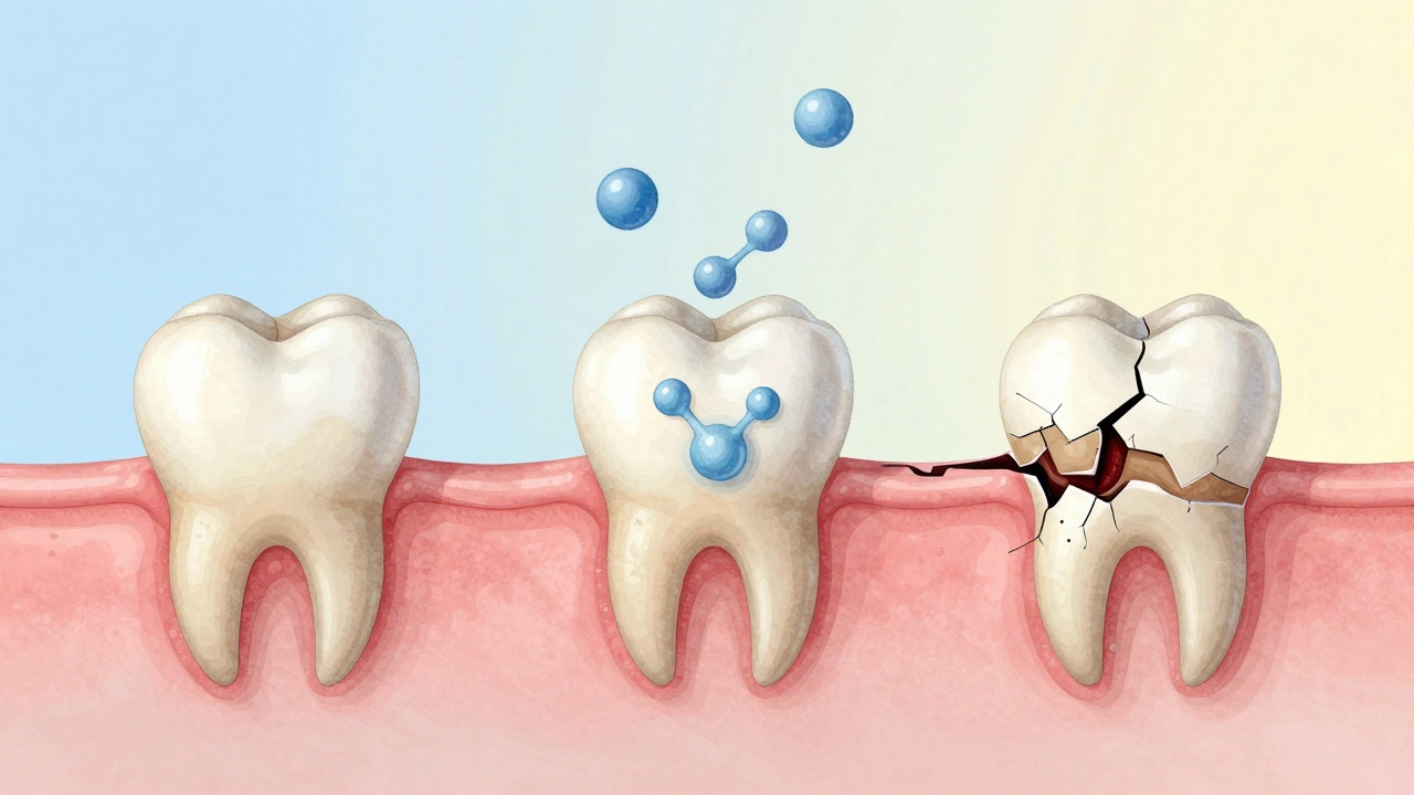 Ilustrace postupného rozpadu lepidla mezi plombou a zubem během bělení.