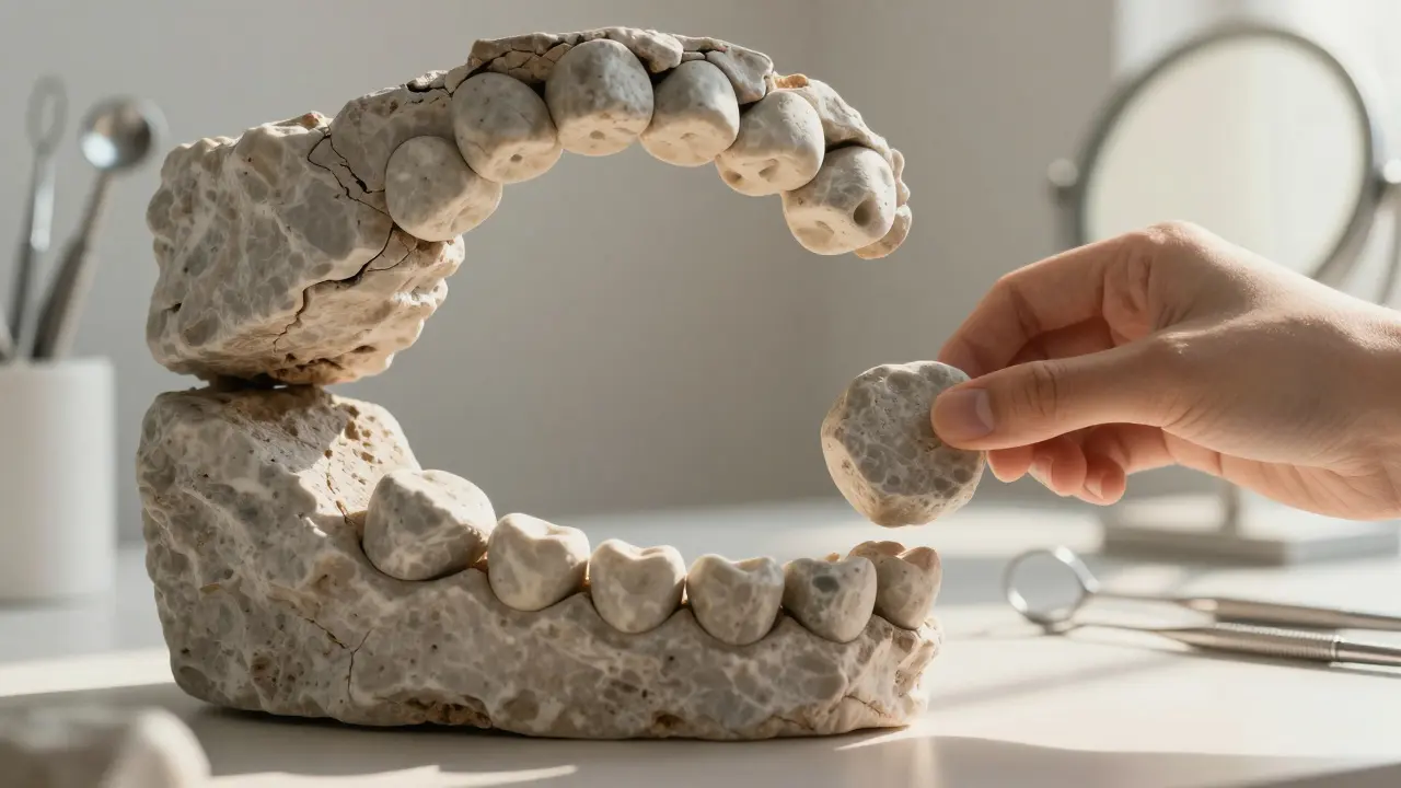 Kamenitá archa s chybějícím kamenem, který je právě nahrazován, symbolizující důležitost zubů.