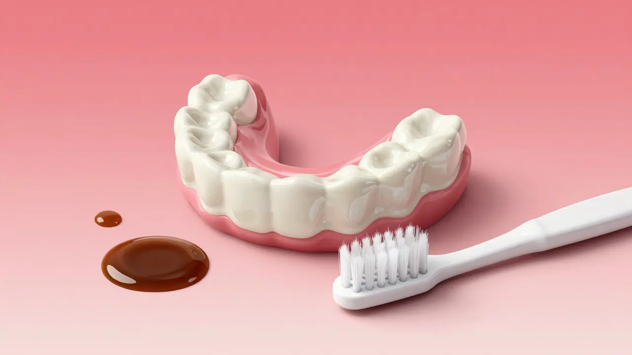 Keramický ortodontický prvek vedle čaje a zubní kartáček, symbolizující odolnost proti zbarvení.