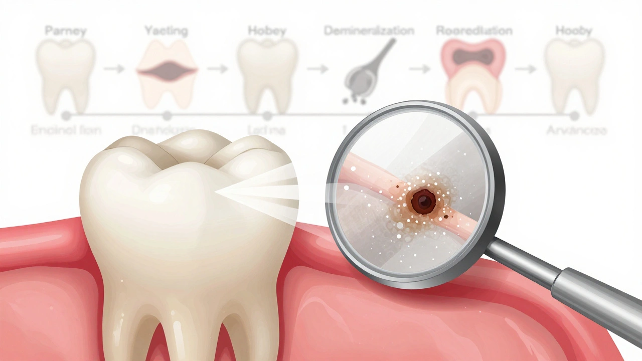 Koncepční znázornění odrazu světla dentálním zrcátkem, které odhaluje skrytý zubní kaz.