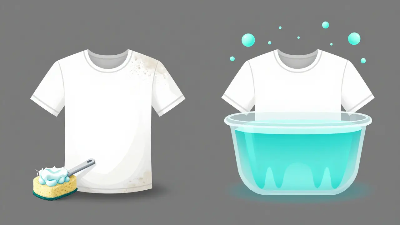 Konceptuální obrázek: povrchové čištění vs. hluboké bělení zubů jako změna barvy látky.