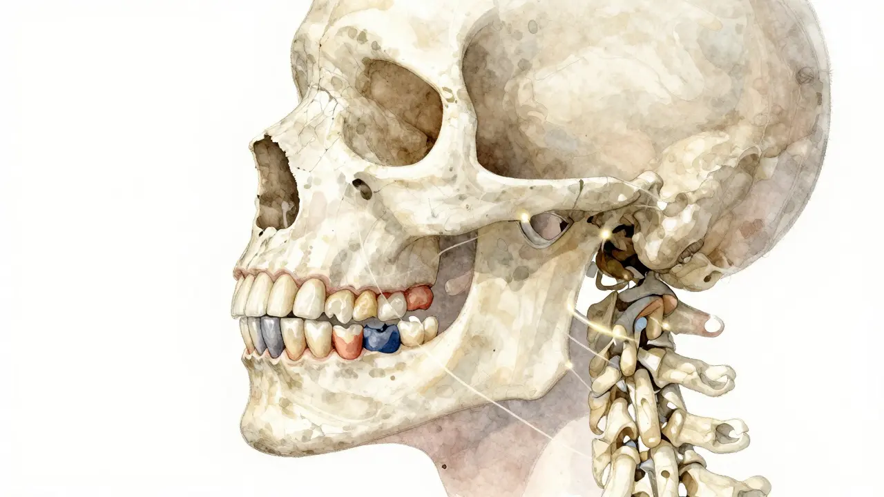 Kostěná čelist s různými typy zubů propojenými světelnými čarami s krkem a páteří.