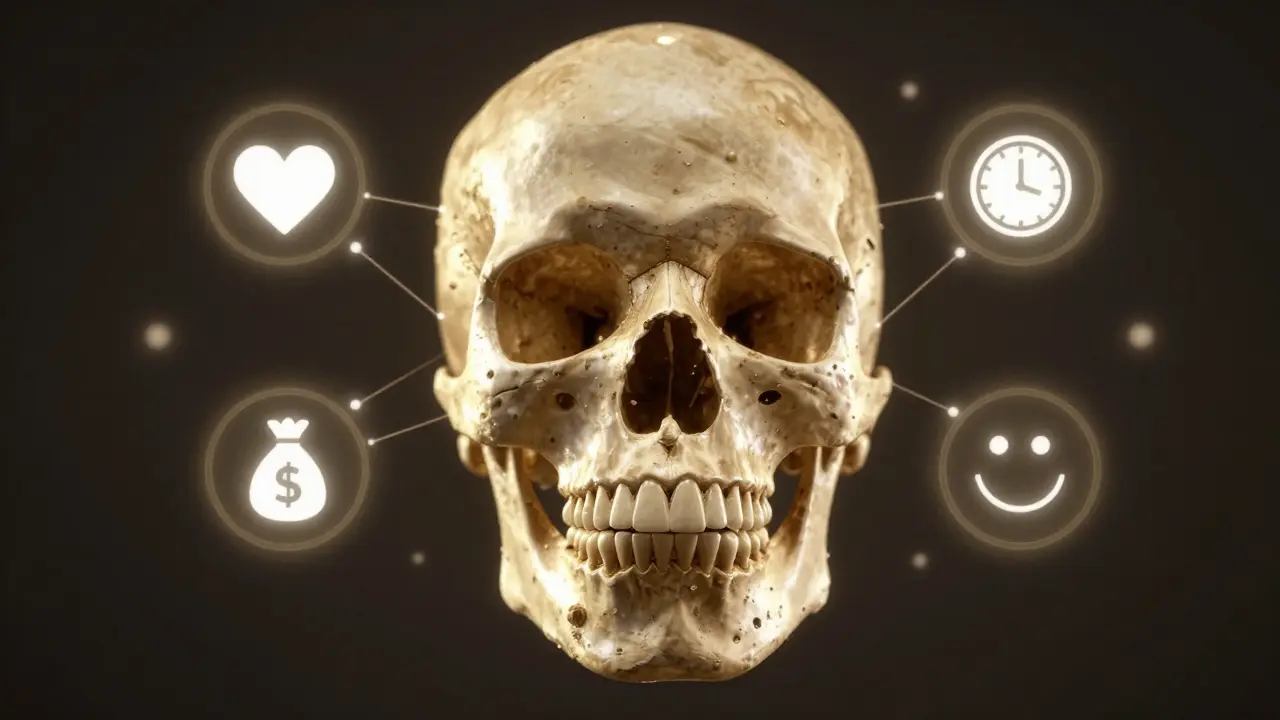 Lidská lebka s vyrovnanými zuby a ikonami zdravotních výhod, jako srdce, hodiny a peníze.
