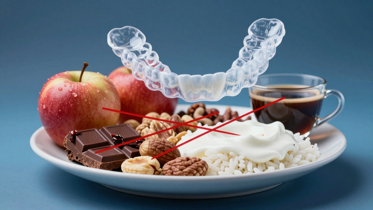 Neviditelná rovnátka nad jídlem s červenými zákazovými značkami nad lepkavými a barvivými potravinami.