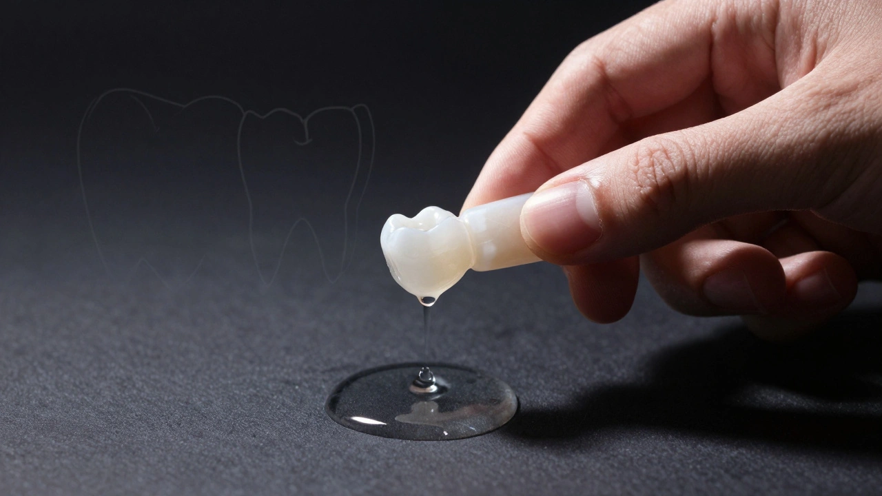 Odlepivší se plomba padající do kapky tekutiny, symbolizující nedostatek sliny.