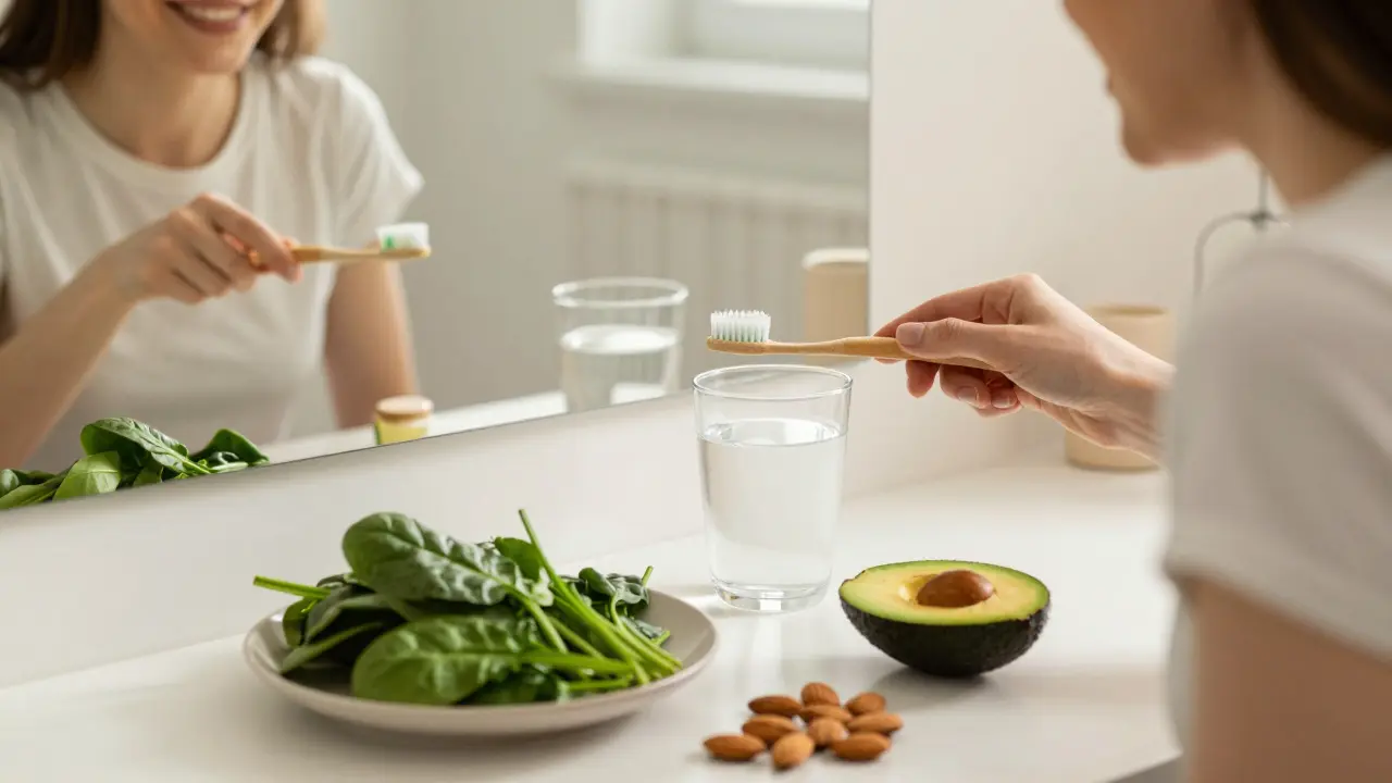 Osoba čistící si zuby s okolím zdravých potravin: špenát, ořechy, avokádo a voda.